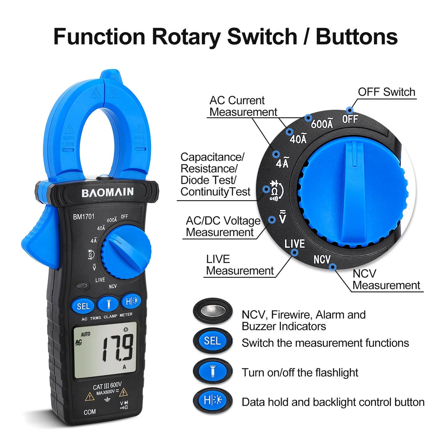 Baomain AC Digital Clamp Meter and Multipurpose Clamp Meter for AC Current, AC/DC Voltage, Diode, Resistance, Continuity Test, NCV, Live Wire Test