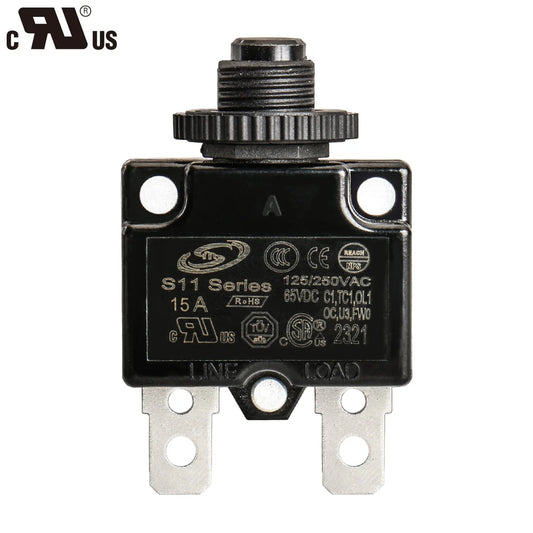 Baomain Circuit Breaker Thermal Overload Protector, S22 Series 125/250VAC/65VDC Manual Reset Thermal Circuit Breakers Black UL CE Listed