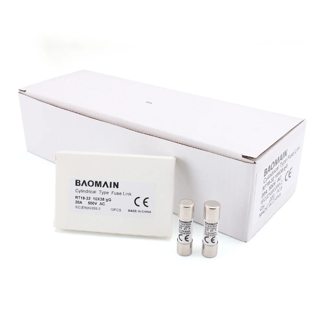 Baomain Fuse Link RT18-32 (RT14 RT18 R015) and RT18-63 (RO16 RT14 RT19) Cylindrical Ceramic Tube 10x38mm 500V 100KA CE listed