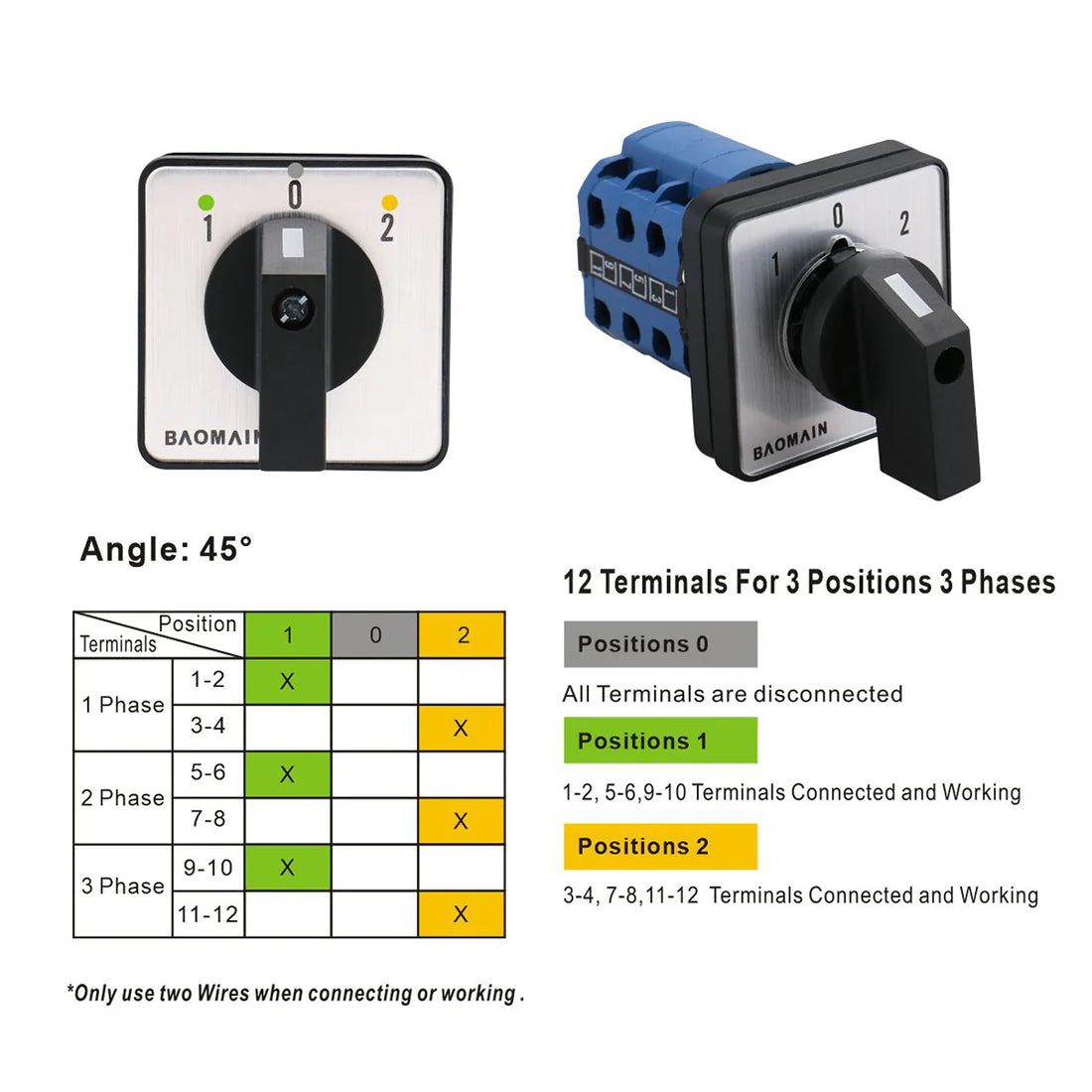 Baomain Changeover Rotary Cam Switch 20A SZW26-20/D303.3 660V On-Off-On 3 Positions 12 Terminals