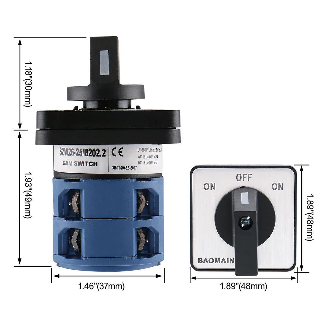 Baomain 25A Momentary Rotary Cam Changeover Selector Switch SZW26-25/B202.2 660V 2-Pole 3-Position 8 Terminals
