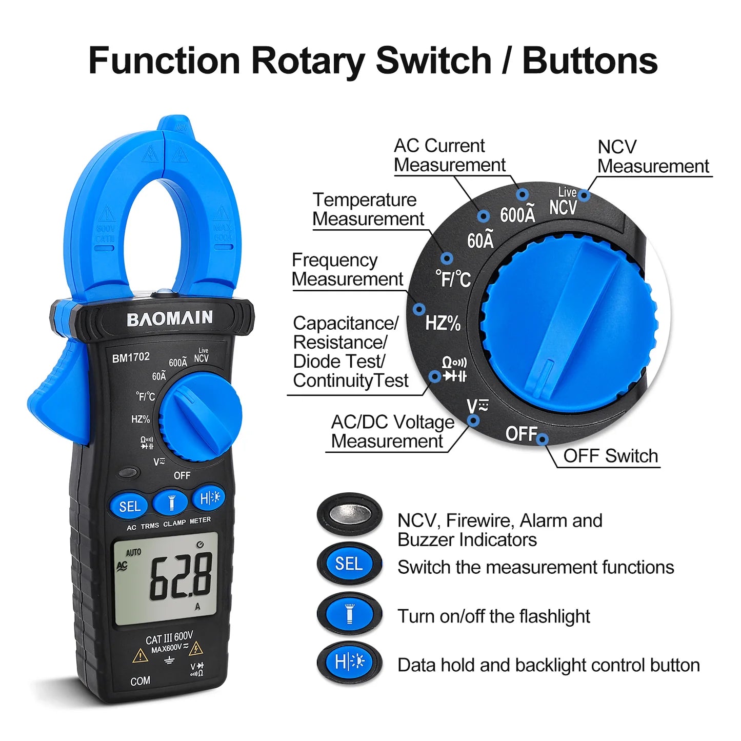 Baomain AC Digital Clamp Meter and Multipurpose Clamp Meter for AC Current, AC/DC Voltage, Diode, Resistance, Continuity Test, NCV, Live Wire Test