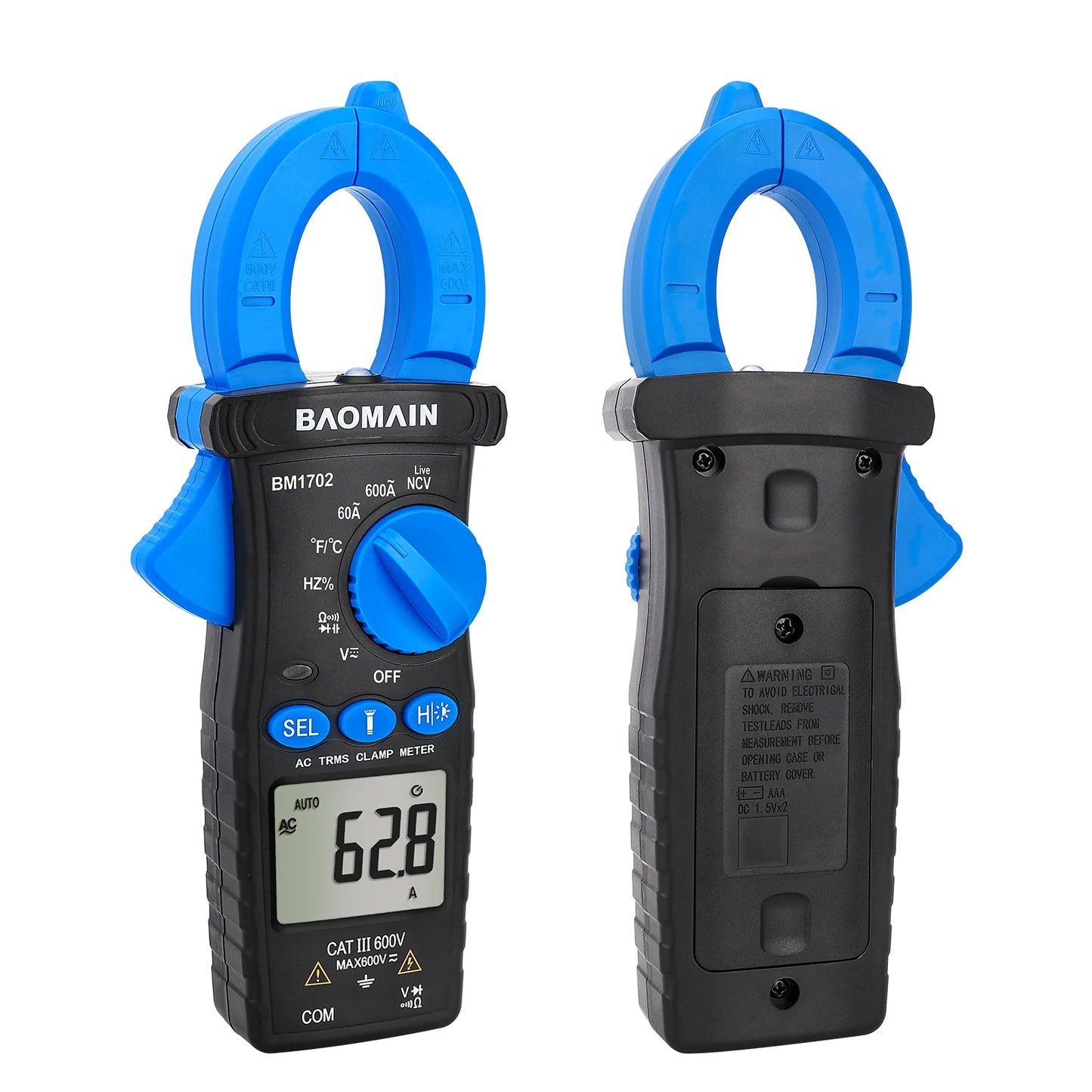 Baomain AC Digital Clamp Meter and Multipurpose Clamp Meter for AC Current, AC/DC Voltage, Diode, Resistance, Continuity Test, NCV, Live Wire Test