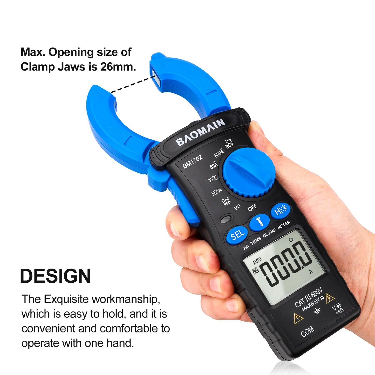Baomain AC Digital Clamp Meter and Multipurpose Clamp Meter for AC Current, AC/DC Voltage, Diode, Resistance, Continuity Test, NCV, Live Wire Test