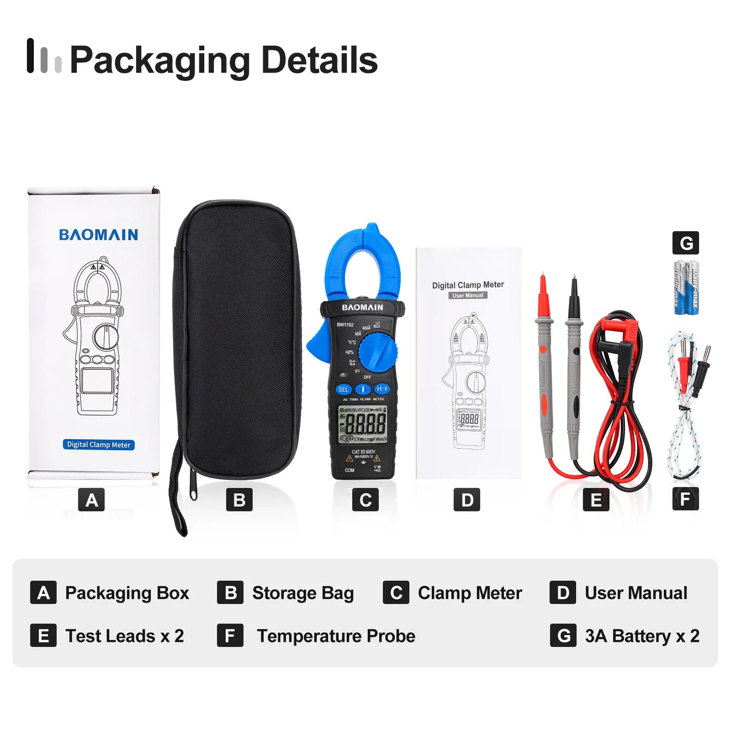 Baomain AC Digital Clamp Meter and Multipurpose Clamp Meter for AC Current, AC/DC Voltage, Diode, Resistance, Continuity Test, NCV, Live Wire Test