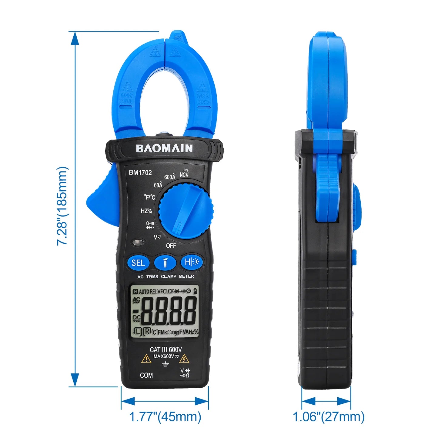 Baomain AC Digital Clamp Meter and Multipurpose Clamp Meter for AC Current, AC/DC Voltage, Diode, Resistance, Continuity Test, NCV, Live Wire Test