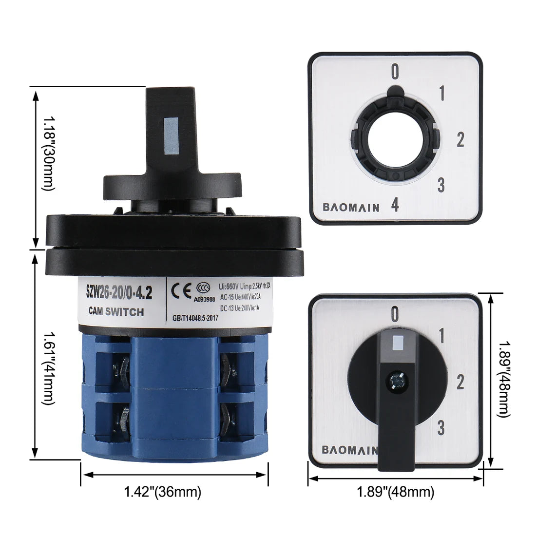 Baomain Cam Changeover Switch AC 660V 20A 8 Terminals 5 Position SZW26-20/0-4.2 Mounting Rotary Select Switch