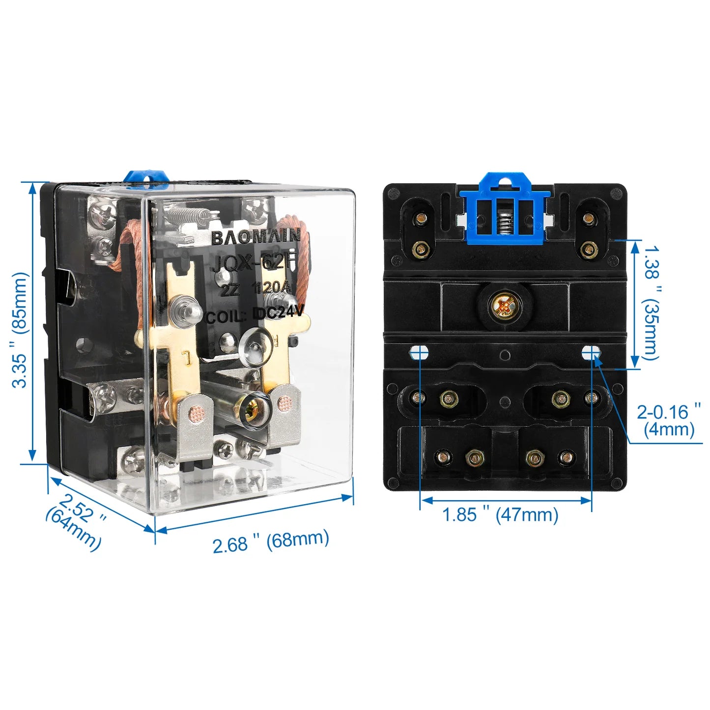 Baomain High-Power Relay JQX-62F-2Z, DC 24V,DPDT 2 NO + 2 NC, Transparent Case