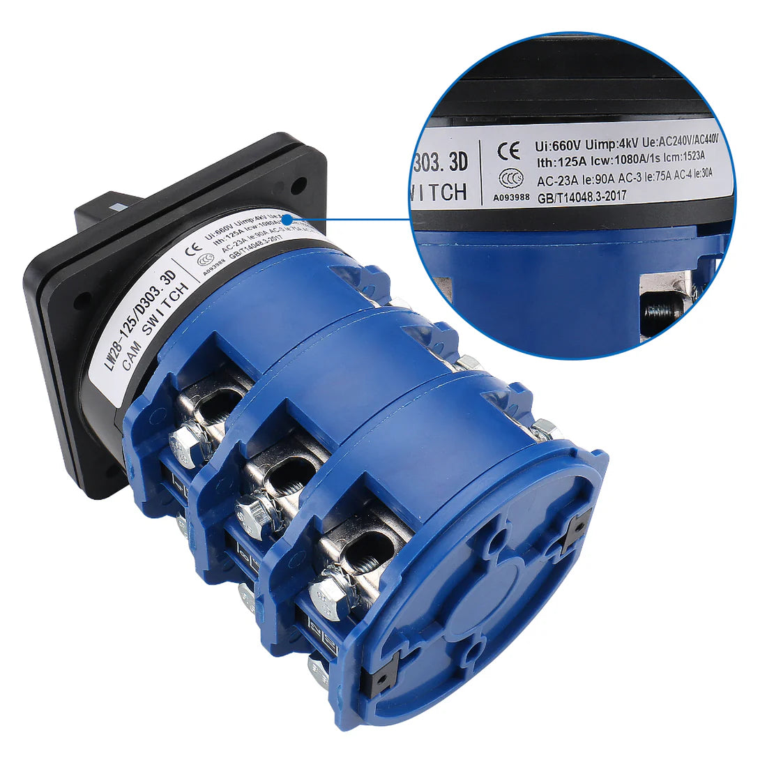 Baomain Rotary Cam Changeover Switch LW28-125/3 (SZW26-125/D303.3) 660V 125A ON/Off/ON 3 Position