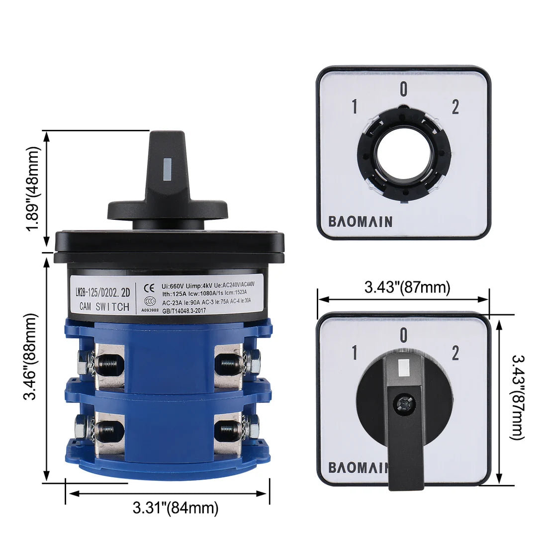 Baomain Universal Rotary Changeover Switch 125A 660V LW28-125/D202.2D with Master Switch Exterior Box LW28-125/4 8 Terminals 3 Position 2 Phase