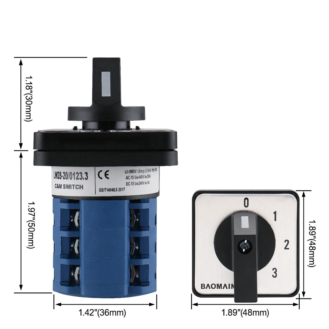 Baomain Rotary Cam Changeover Switch LW28-20/0123.3 660V 20A 12 Terminals 4 Positions