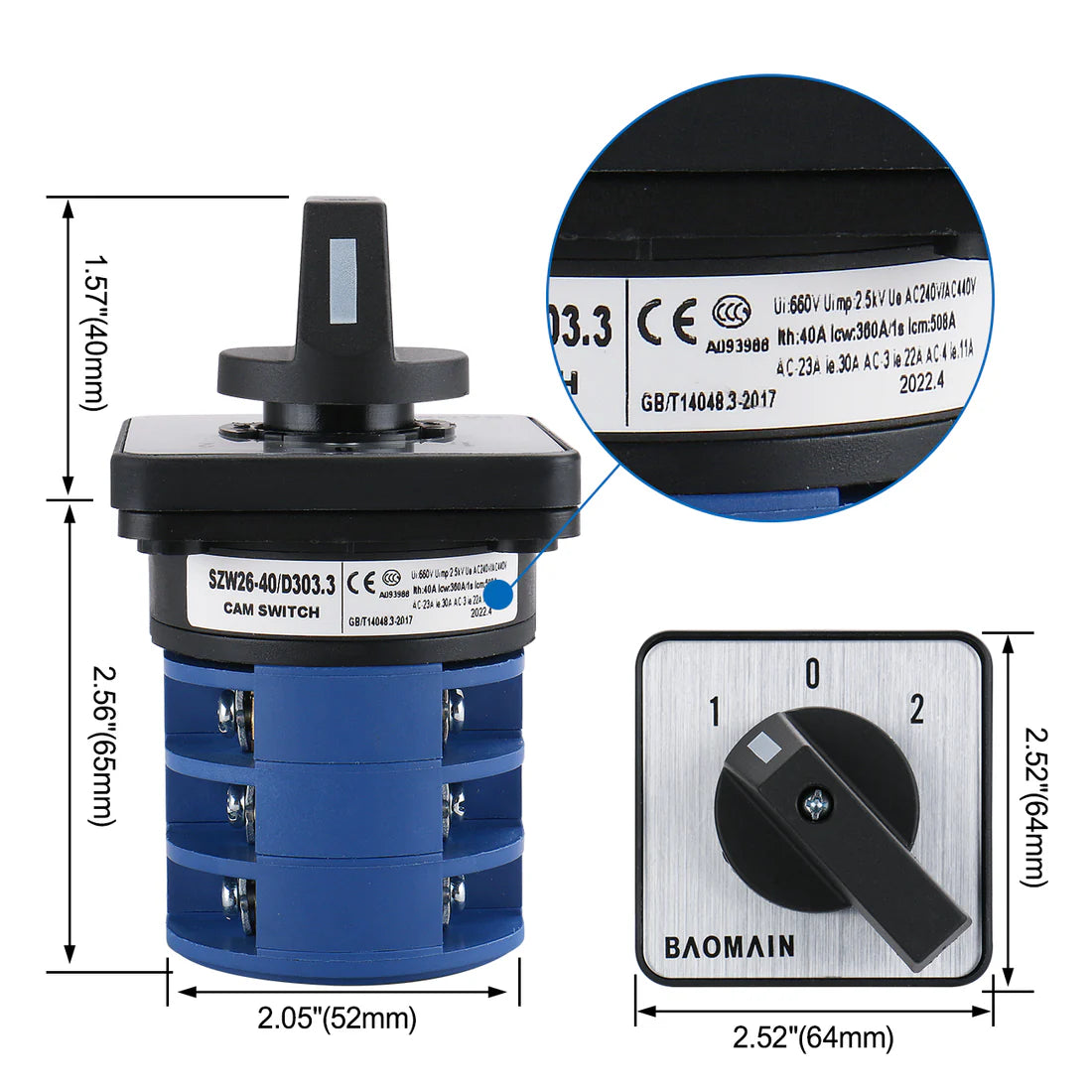 Baomain Cam Changeover Switch 40A SZW26-40/D303.3 3 Phase 3 Positions 12 Terminal AC 660V