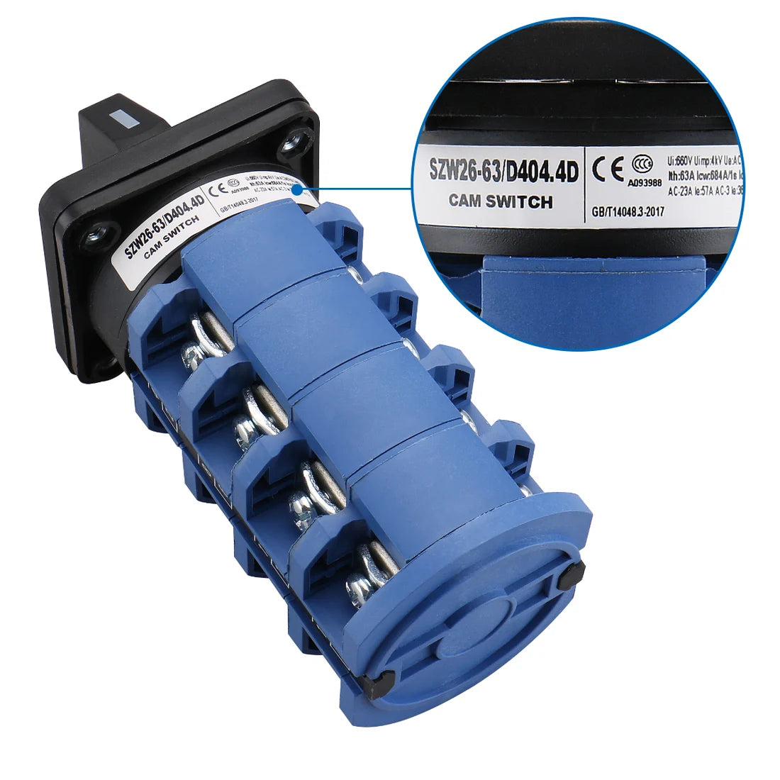 Baomain Rotary Selector Cam Changeover Switch with Master Switch Exterior Box 660V 63A 3 Positions 4 Phase 4NO+4NC SZW26-63/D404.4D