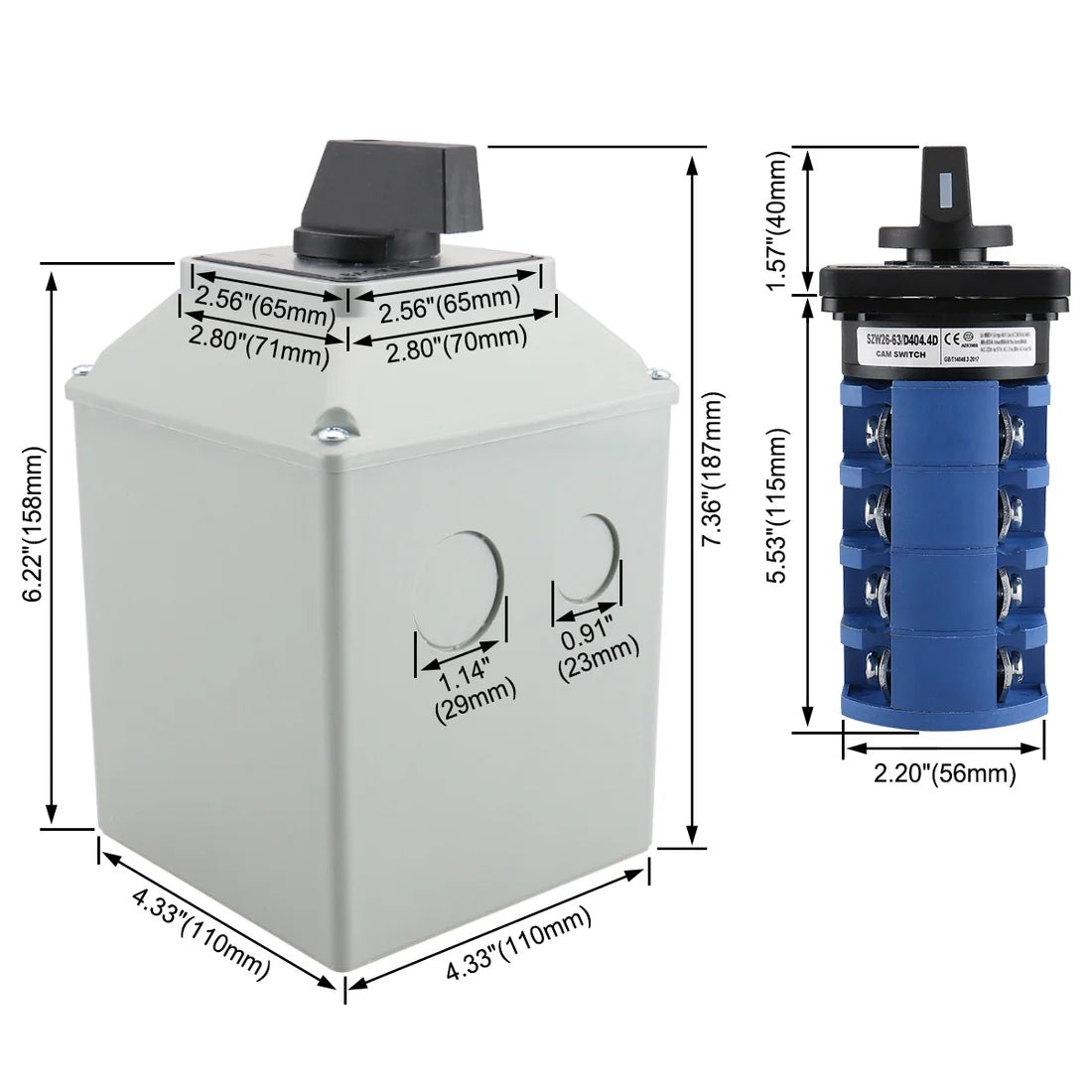 Baomain Rotary Selector Cam Changeover Switch with Master Switch Exterior Box 660V 63A 3 Positions 4 Phase 4NO+4NC SZW26-63/D404.4D