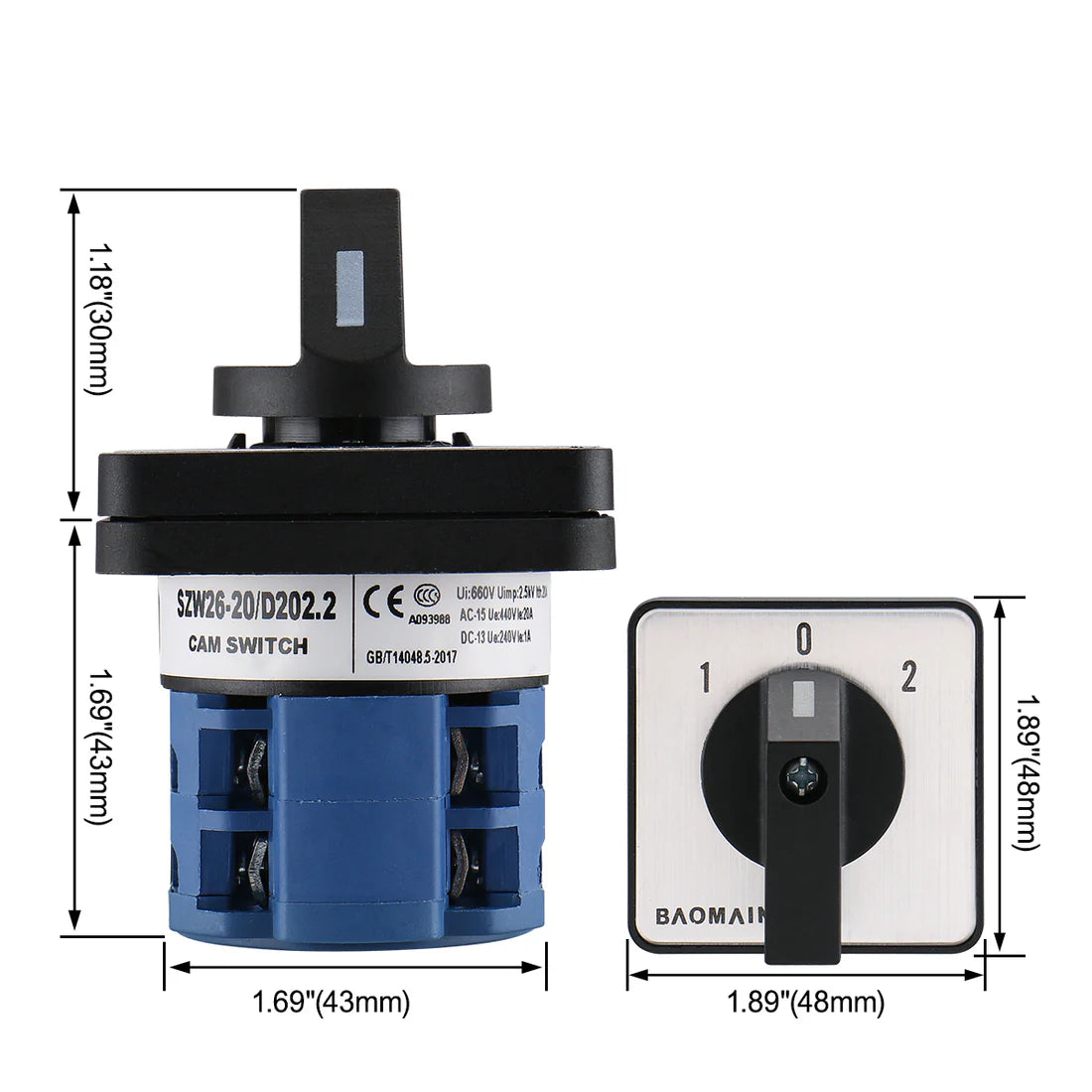 Baomain Rotary Universal Changeover Switch SZW26-20/D202.2 660V 20A 1-0-2 3 Positions 8 terminals 2 Phase Latching Function