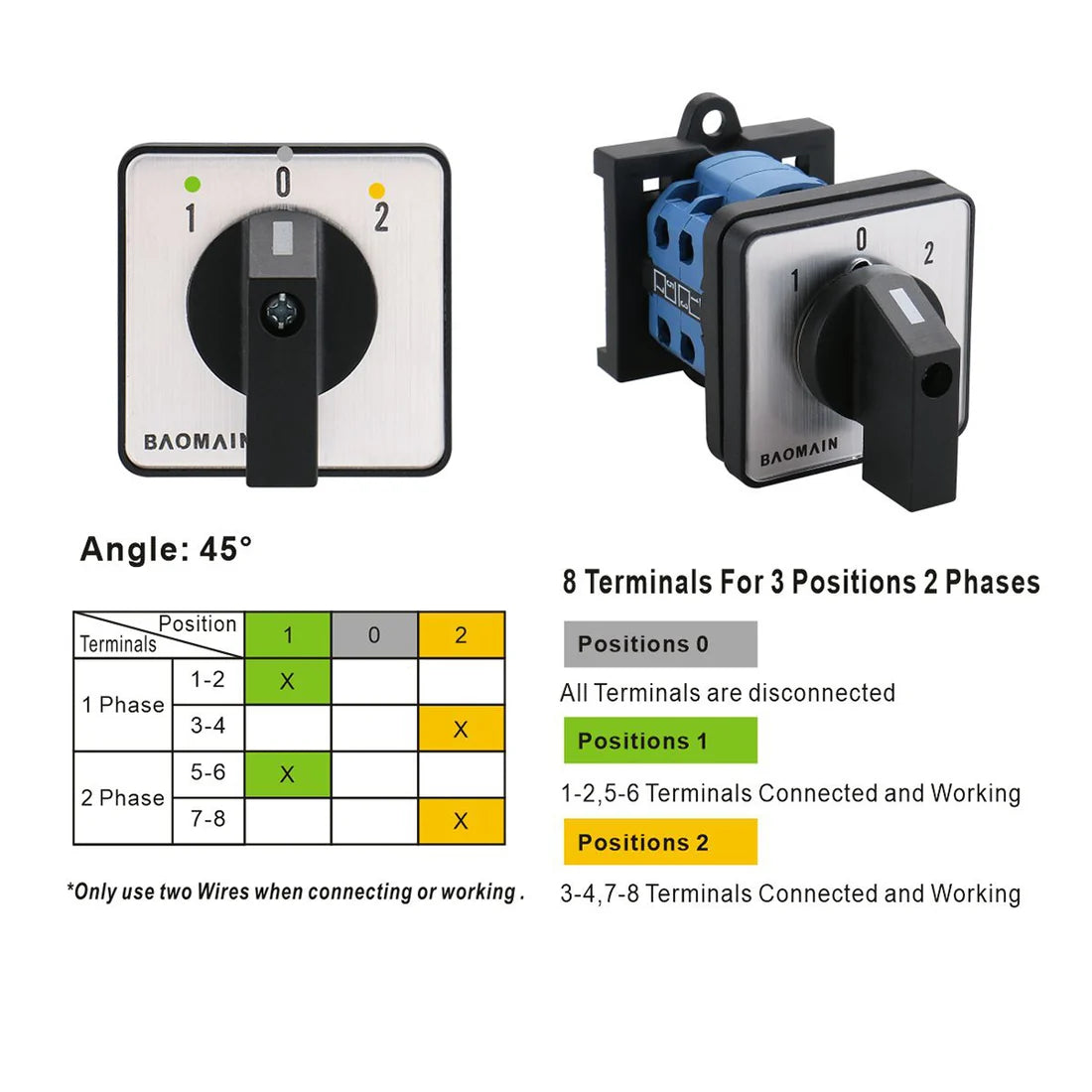 Baomain Rotary Universal Changeover Switch with DIN Rail Mounted 35mm 660V 20A 1-0-2 3 Positions 8 Terminals Latching Function SZW26-20-D202.2-B11R
