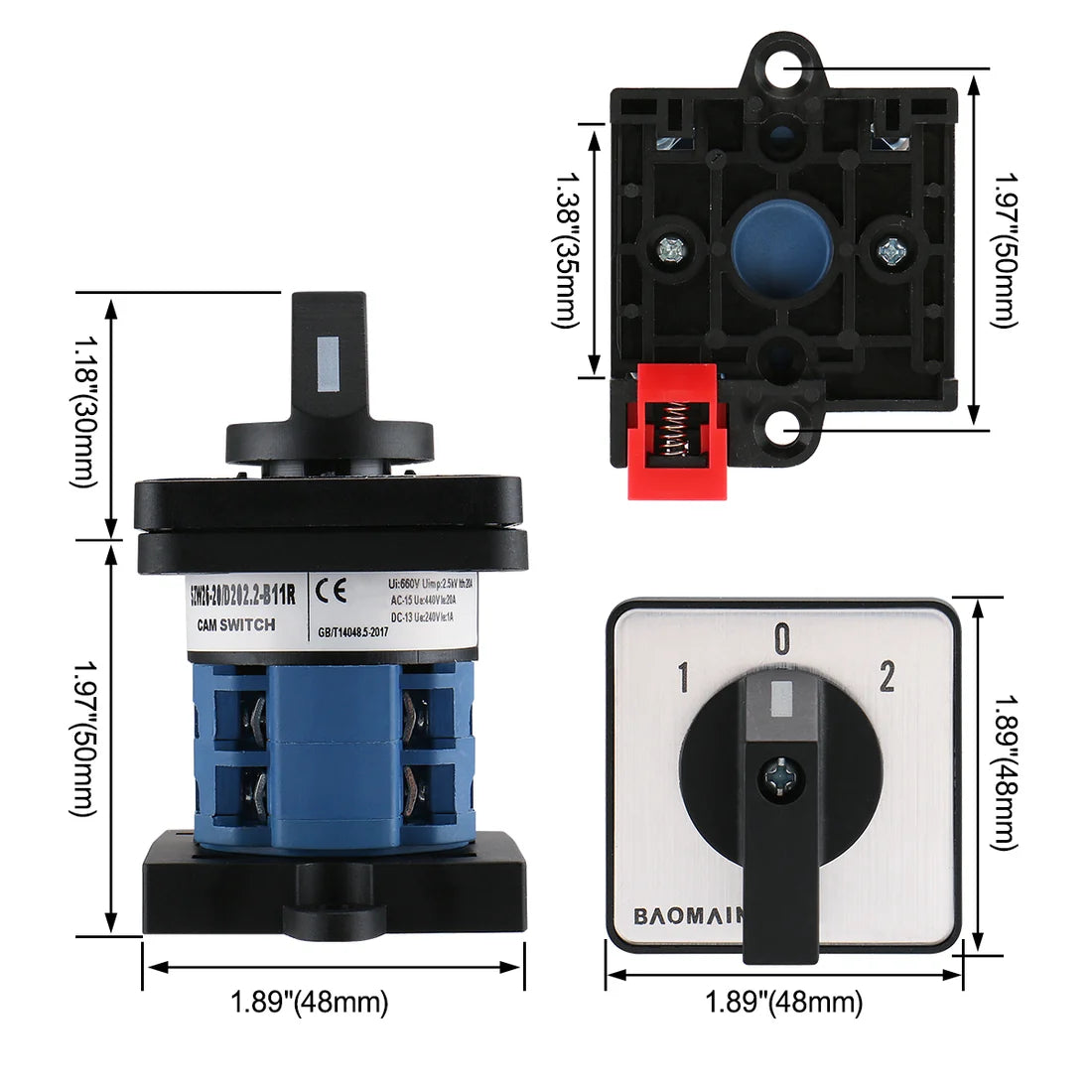 Baomain Rotary Universal Changeover Switch with DIN Rail Mounted 35mm 660V 20A 1-0-2 3 Positions 8 Terminals Latching Function SZW26-20-D202.2-B11R