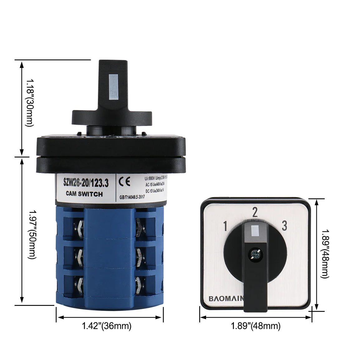 Baomain Universal Rotary Cam/Changeover Switch SZW26-20/123.3 660V 20A 3 Position 3 Phase 12 Terminal