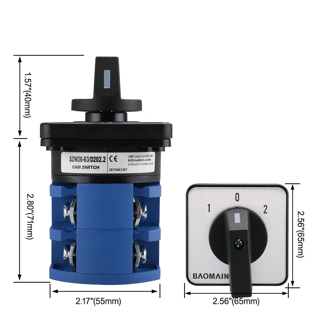 Baomain Universal Rotary Selector Changeover Cam Switch SZW26-63/D202.2 660V 63A 3 Position 3 Phase 8 Terminals