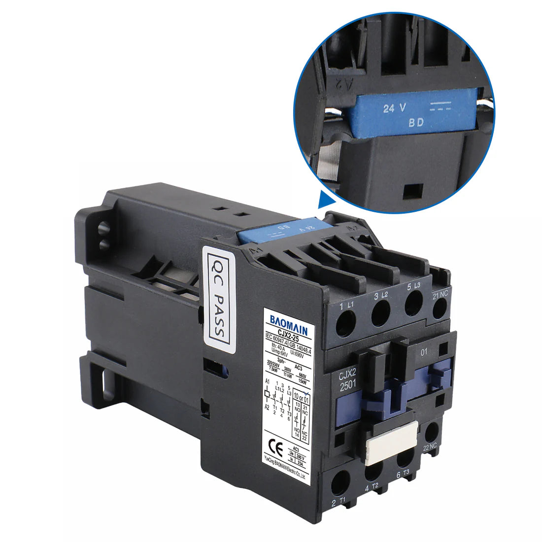 Baomain DC Contactor CJX2-2501 24VDC 25A 6KV 50/60Hz 660V 3 Phase 3-Pole 1NC DIN Rail