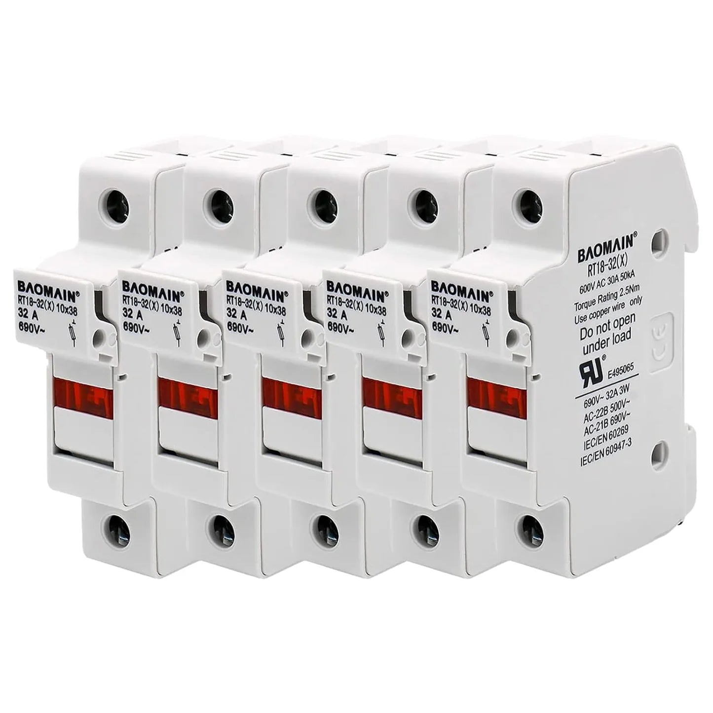 Baomain Cylindrical Fuse Holder RT18-32(X) 10*38mm 30A 10kA Fuse Base 35mm DIN Rail Mount UL