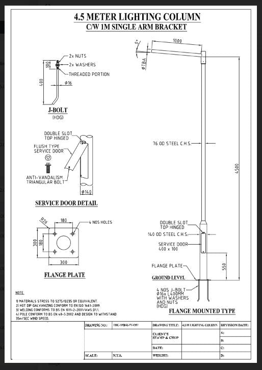 TM 4.5 meter Ø76/140mm hot dipped galvanized steel pole flange mounted type