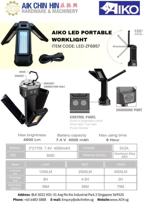 Aiko Led Portable Work light 7000lm Without Tripod | Model: LED-ZF6957