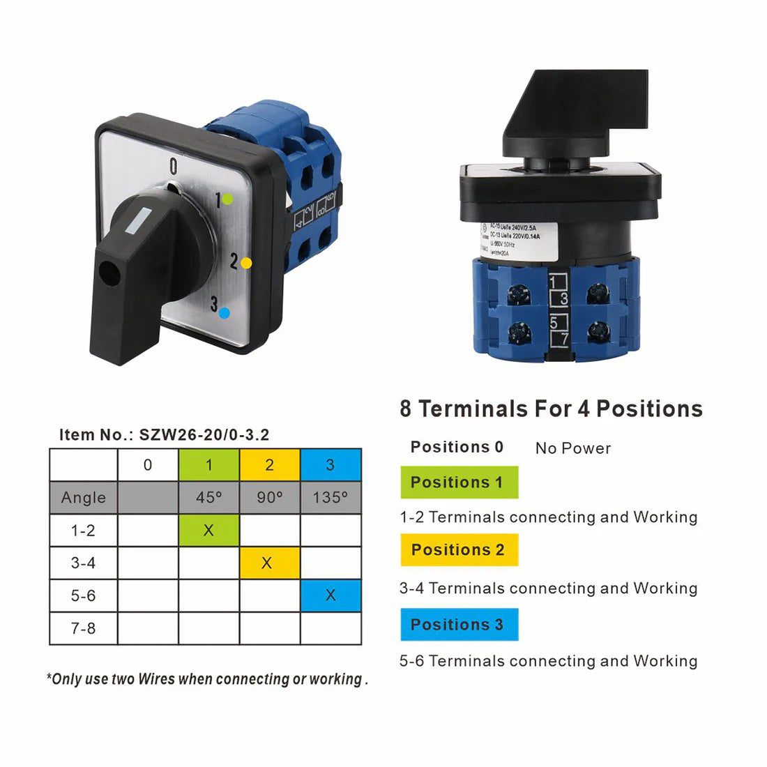 Baomain Changeover Rotary Cam Switch 20A SZW26-20/0-3.2 660V 4 Postion 8 terminals