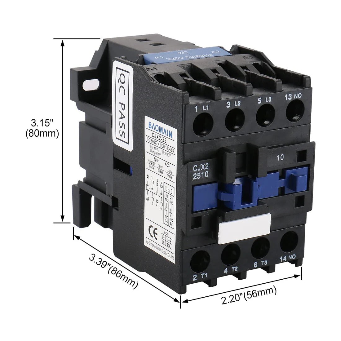 Baomain 25A AC Contactor 3-Pole + 1NO Normally Open 220V Coil 50/60Hz 35 DIN Rail CJX2-2510