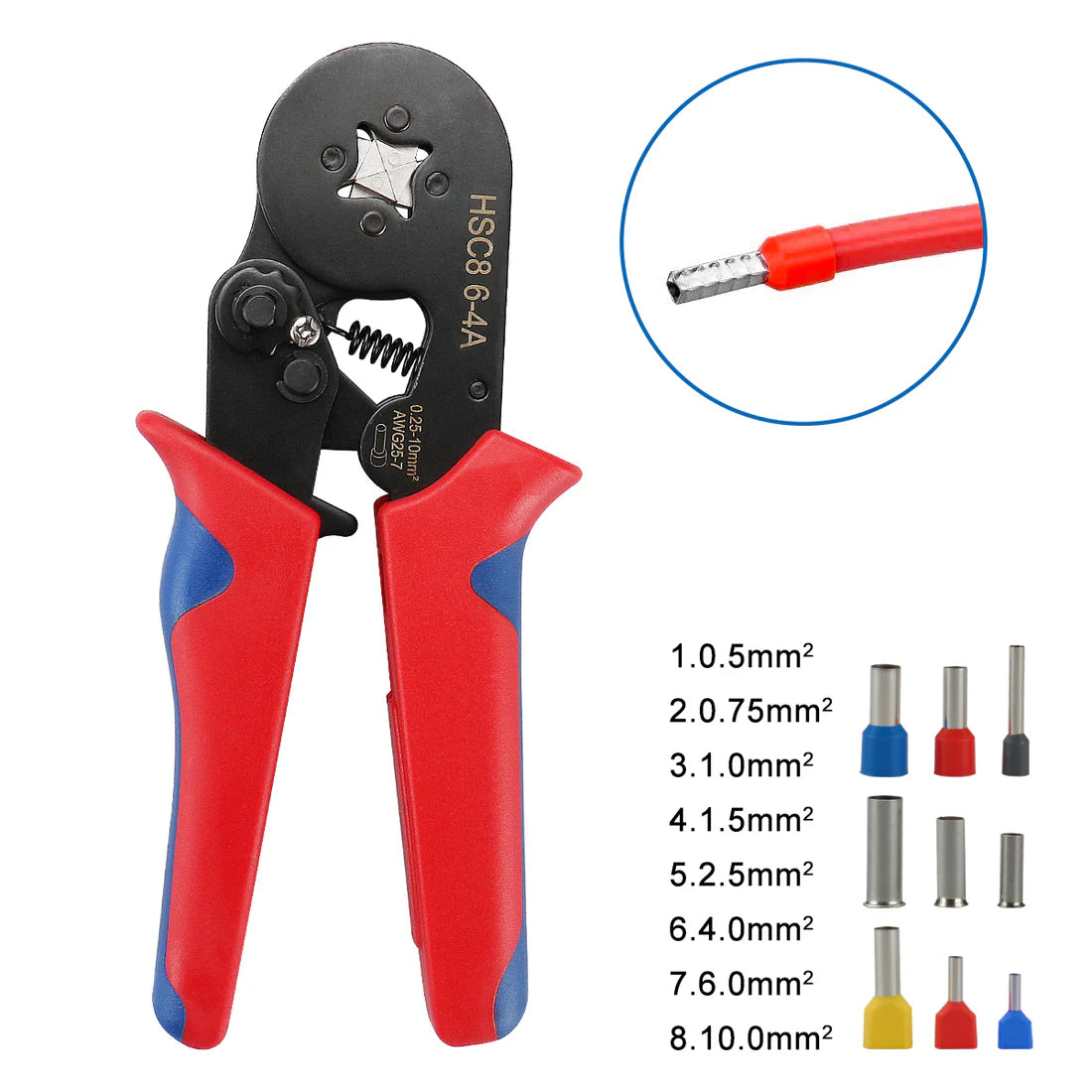 Baomain Crimping Plier HSC8 6-4 Self-adjustable Crimping Tools for 0.25-6 mm² AWG 23-10, Square Ferrule Wire Cable End-sleeves Red