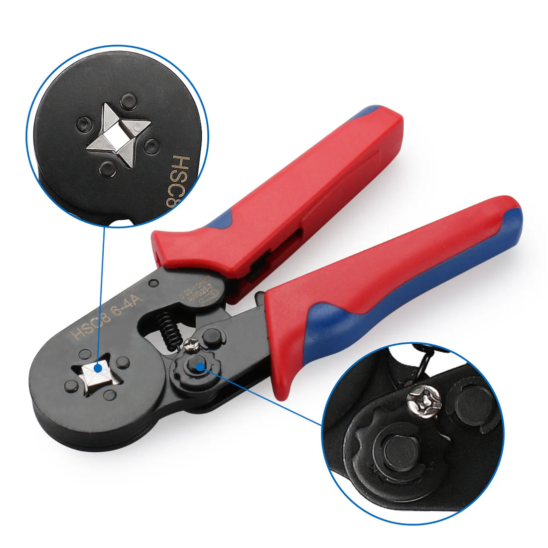 Baomain Crimping Plier HSC8 6-4 Self-adjustable Crimping Tools for 0.25-6 mm² AWG 23-10, Square Ferrule Wire Cable End-sleeves Red