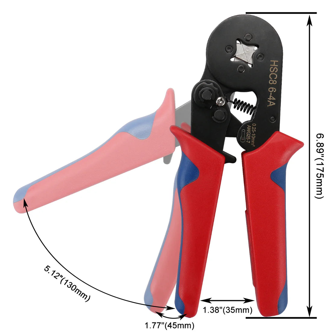 Baomain Crimping Plier HSC8 6-4 Self-adjustable Crimping Tools for 0.25-6 mm² AWG 23-10, Square Ferrule Wire Cable End-sleeves Red