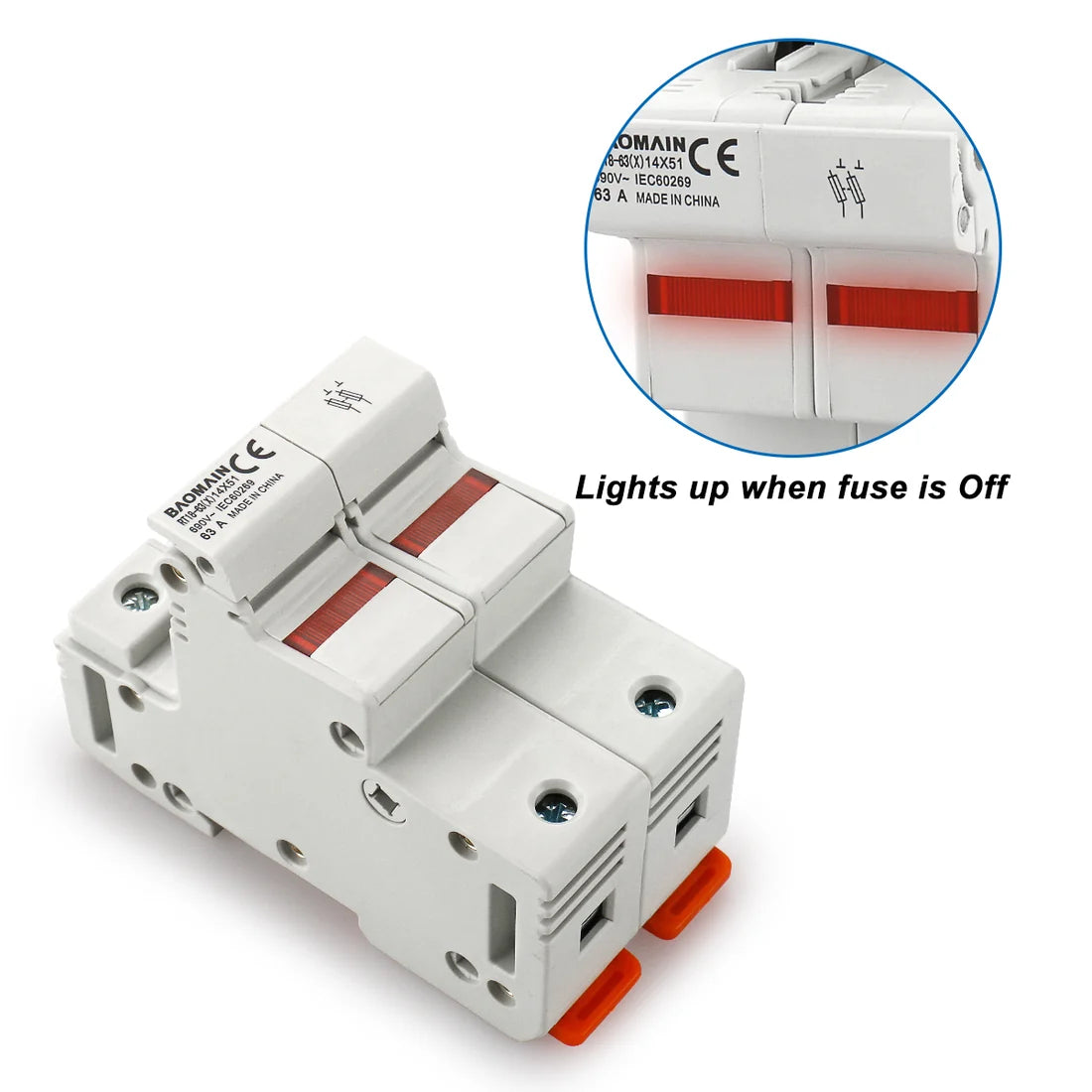 Baomain Cylindrical Fuse Holder RT18-63(X) 14mmX51mm Fuse Base DIN Distribution Electrical Rail Mount RO16 Fuse CE&TüV Listed