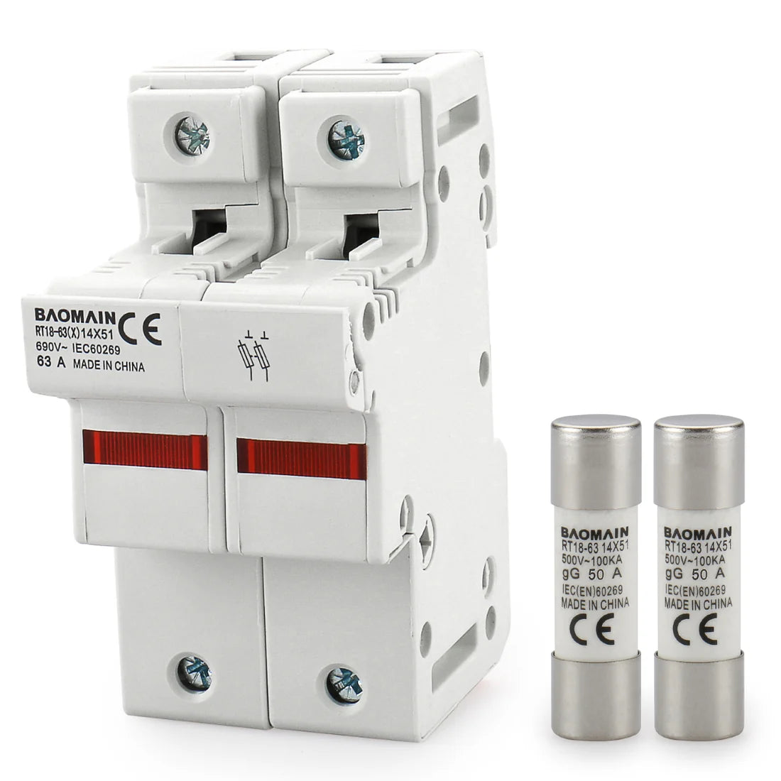 Baomain Cylindrical Fuse Holder RT18-63(X) 14mmX51mm Fuse Base DIN Distribution Electrical Rail Mount RO16 Fuse CE&TüV Listed
