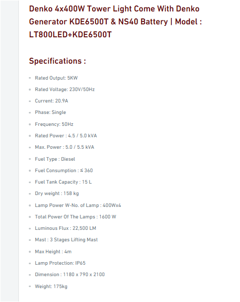 DENKO TOWER LIGHT 4X400W C/W KDE6500T GENERATOR WITH NS40 BATTERY