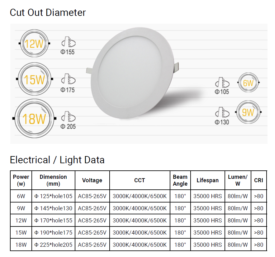 MIRAGE XH-PL-R-A 12W 6INCH ROUND TRI COLOUR 3000K/4000K/6000K RECESSED DOWNLIGHT