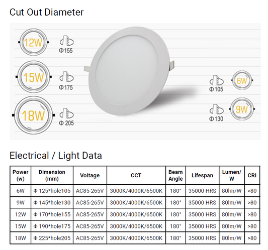 MIRAGE XH-PL-R-A 12W 6INCH ROUND TRI COLOUR 3000K/4000K/6000K RECESSED DOWNLIGHT