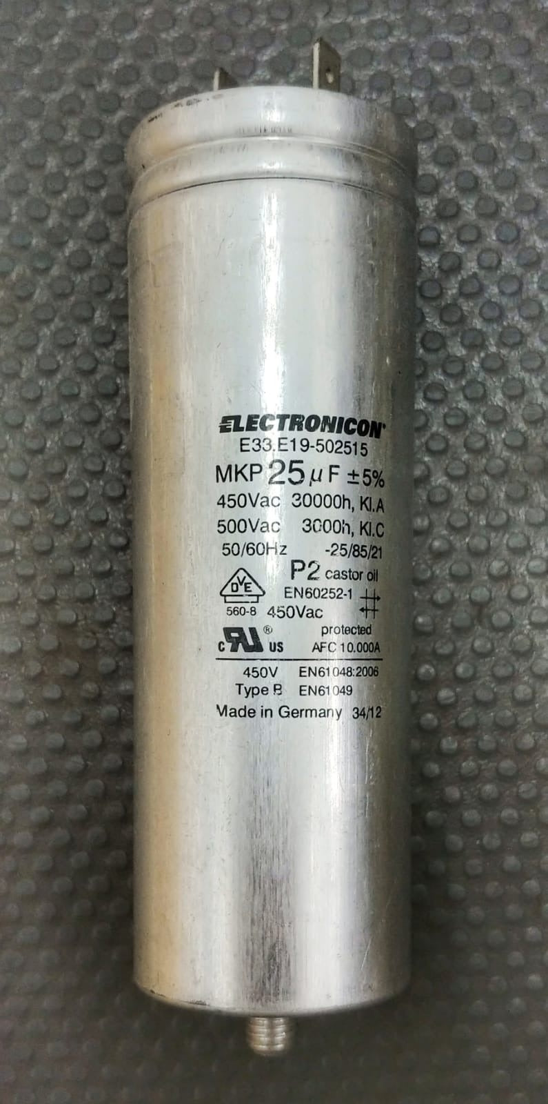 ELECTRONICON 25uF Alum. Type P2 capacitor, 450-500Vac