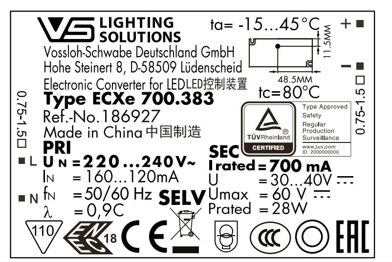 Vossloh-Schwabe CC EASYLINE SIMPLE FIX C-R1 ECXe700.383 28W Driver-Ballast /Drivers-DELIGHT OptoElectronics Pte. Ltd