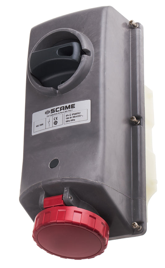 Scame IP67 Red Panel Mount 3P + E Right Angle Industrial Power Socket, Rated At 63A, 415 V