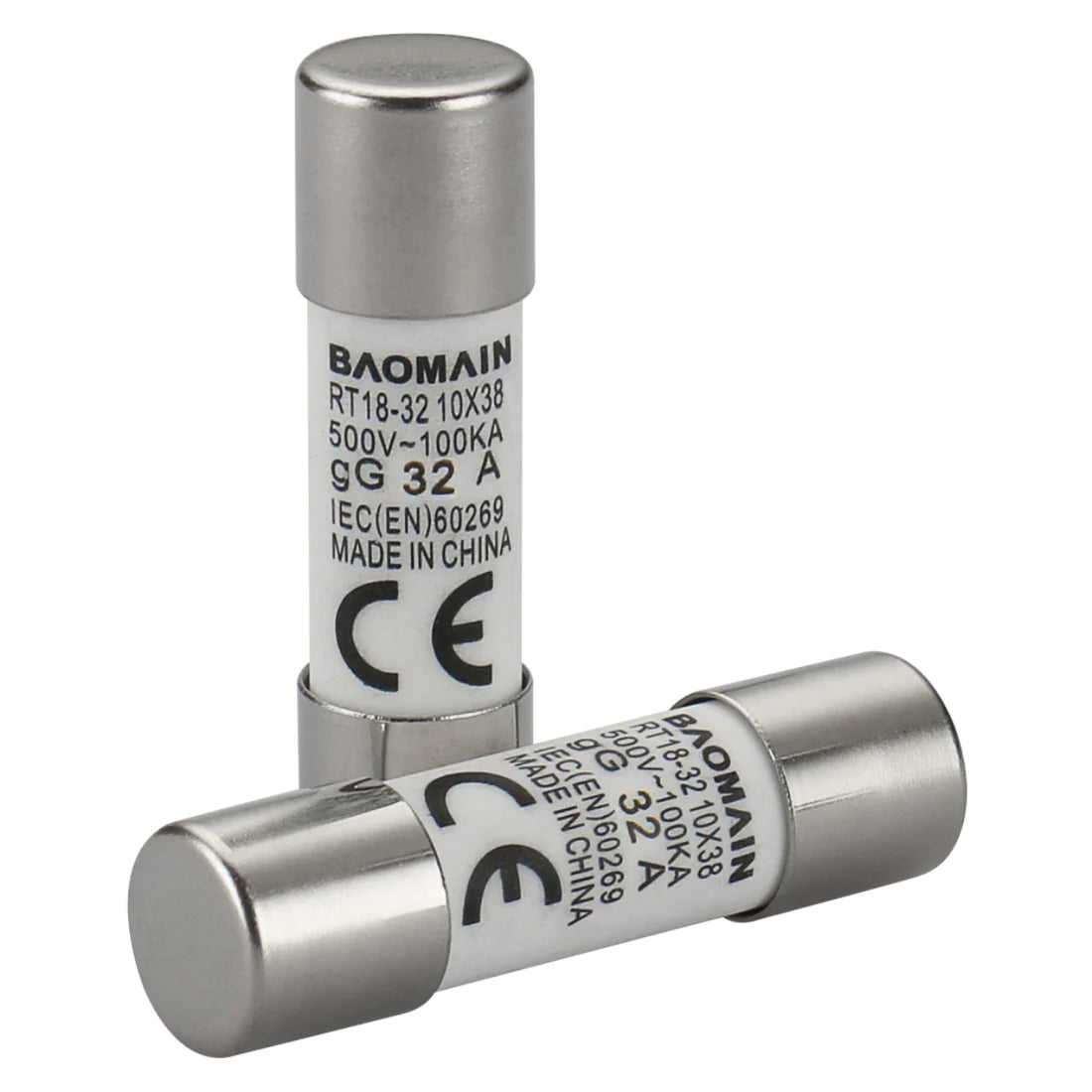 Baomain Fuse Link RT18-32 (RT14 RT18 R015) and RT18-63 (RO16 RT14 RT19) Cylindrical Ceramic Tube 10x38mm 500V 100KA CE listed