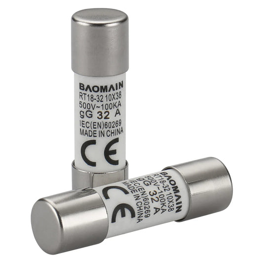 Baomain Fuse Link RT18-32 (RT14 RT18 R015) and RT18-63 (RO16 RT14 RT19) Cylindrical Ceramic Tube 10x38mm 500V 100KA CE listed