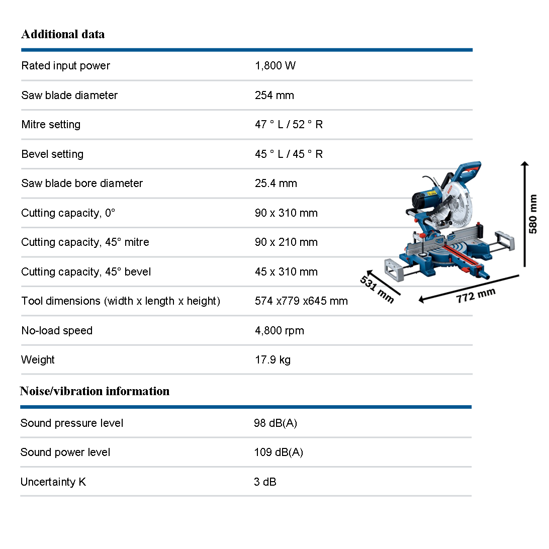 BOSCH GCM 254D Professional Slide Mitre Saw. 1800W. 254mm saw blade.
