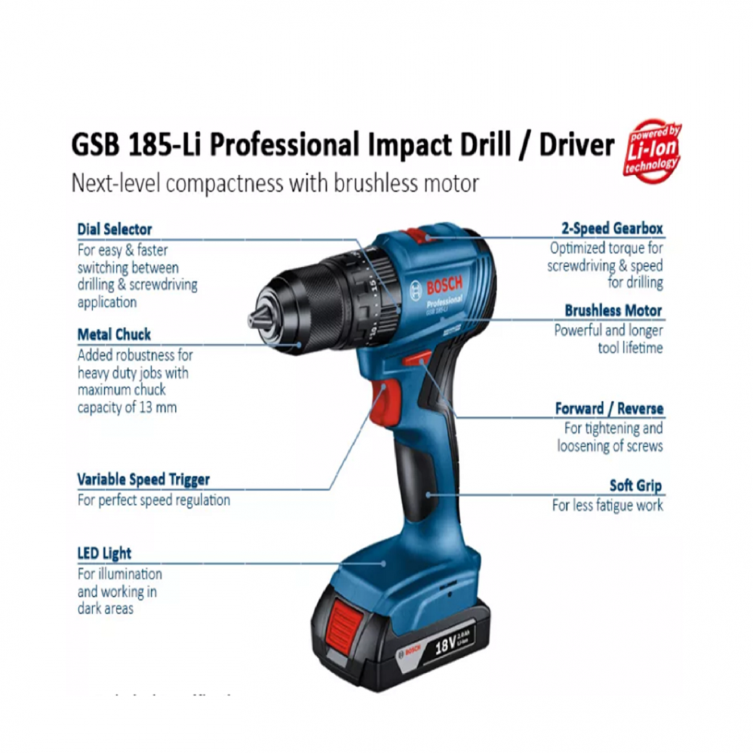 BOSCH GSB 185-LI Professional Cordless Combi Impact Drill. Brushless Motor. 18V.