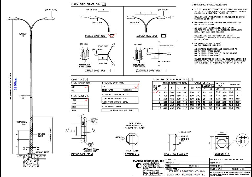 Galvapole 12m Flange Mounted Hot Dipped Galvanized Octagonal Street Light Column with 3m Single Arm c/w J-Bolts and Nuts