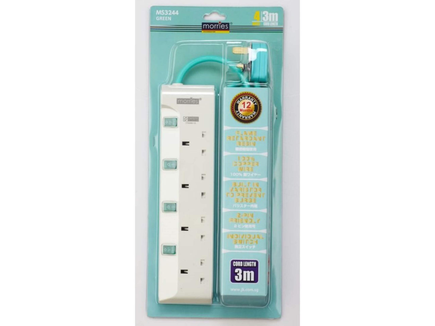 Morries MS 3244 3M W/Surge Protector 4 Way Extension Cord