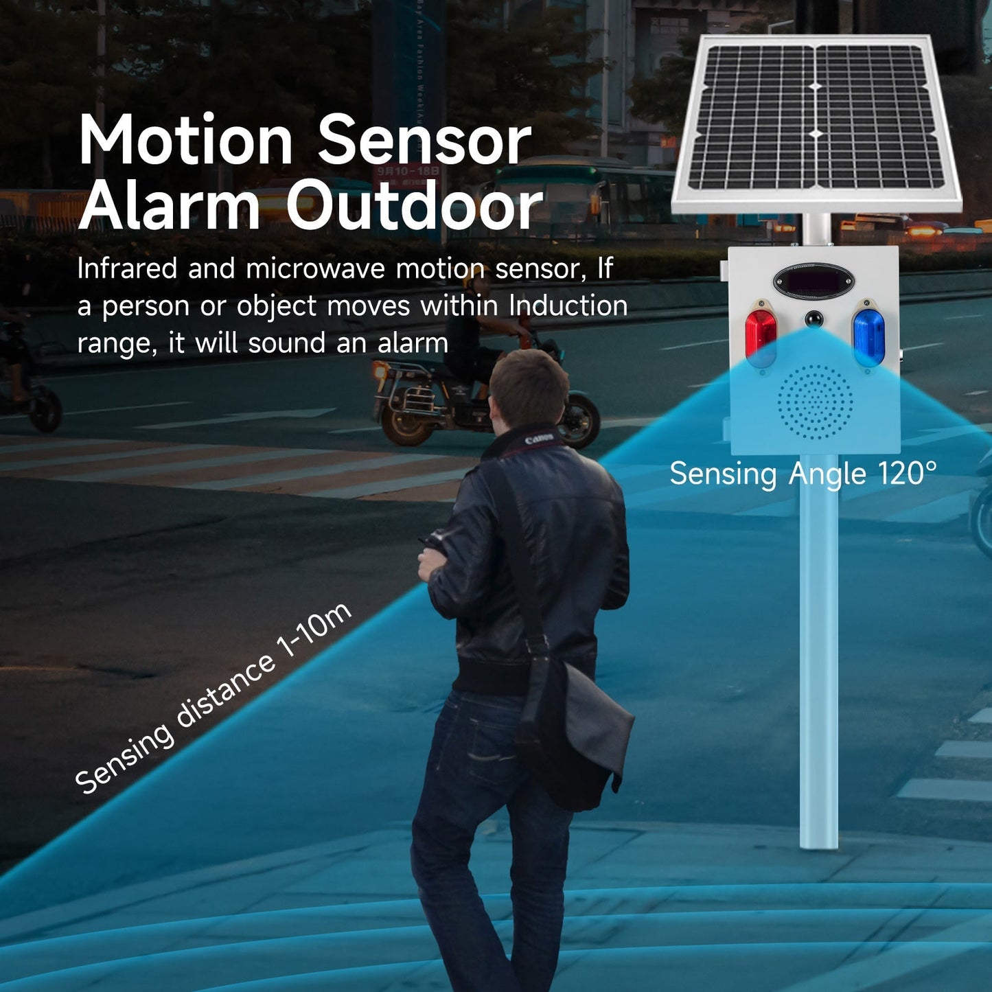 YASONG Solar Motion Sensor Alarm Siren Outdoor Waterproof Motion Detector Alarm System with Red and Blue Strobe Light, 120dB Horn 17 Tones Adjustable Microwave Infrared Induction Alarm System SLA-TYN02