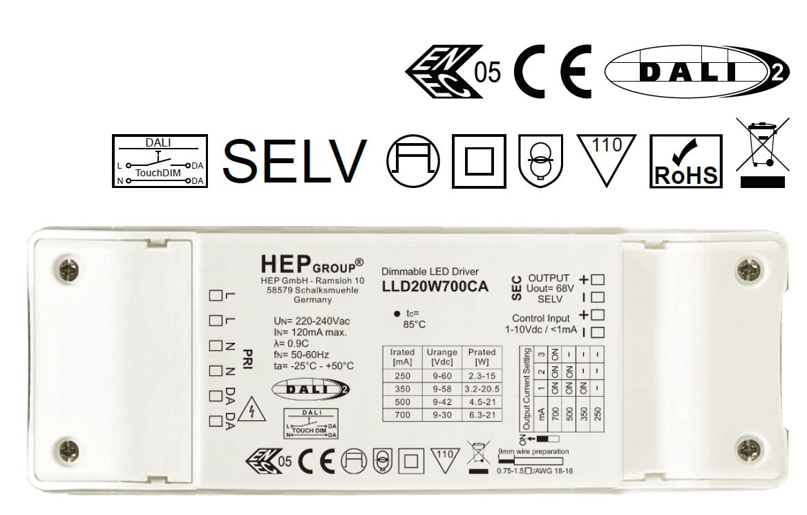 HEP LLD20W700CA CC DALI−2, TouchDIM & 1−10 V dimmable LED Driver-Ballast /Drivers-DELIGHT OptoElectronics Pte. Ltd
