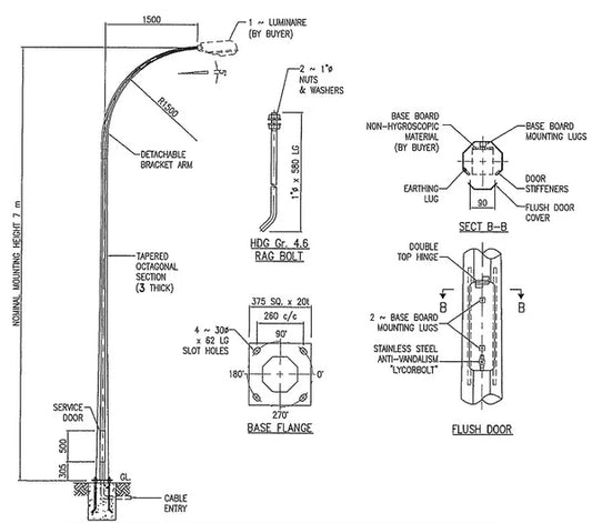 'LYCORPOLE' 7M NOMINAL MOUNTING HEIGHT Flanged Mounted Type Hot-Dip Galvanized Octagonal Tapered Flood Lighting Column c/w Foundation Bolt/ Nuts/Washers.