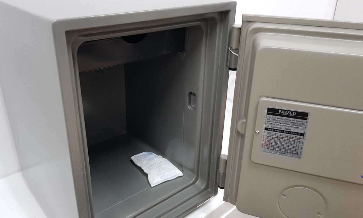 Morries vertical fire resistant safe interior with door open